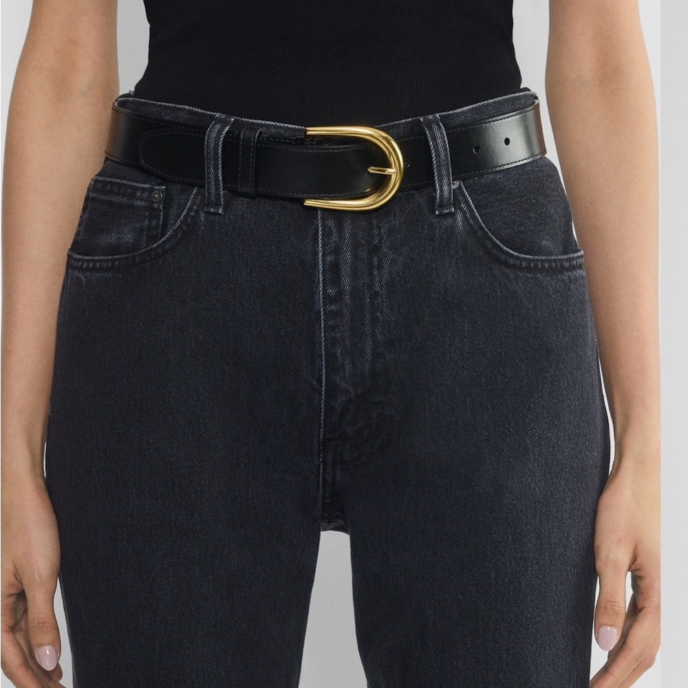 Aritzia black Leather Belt with Gold Buckle